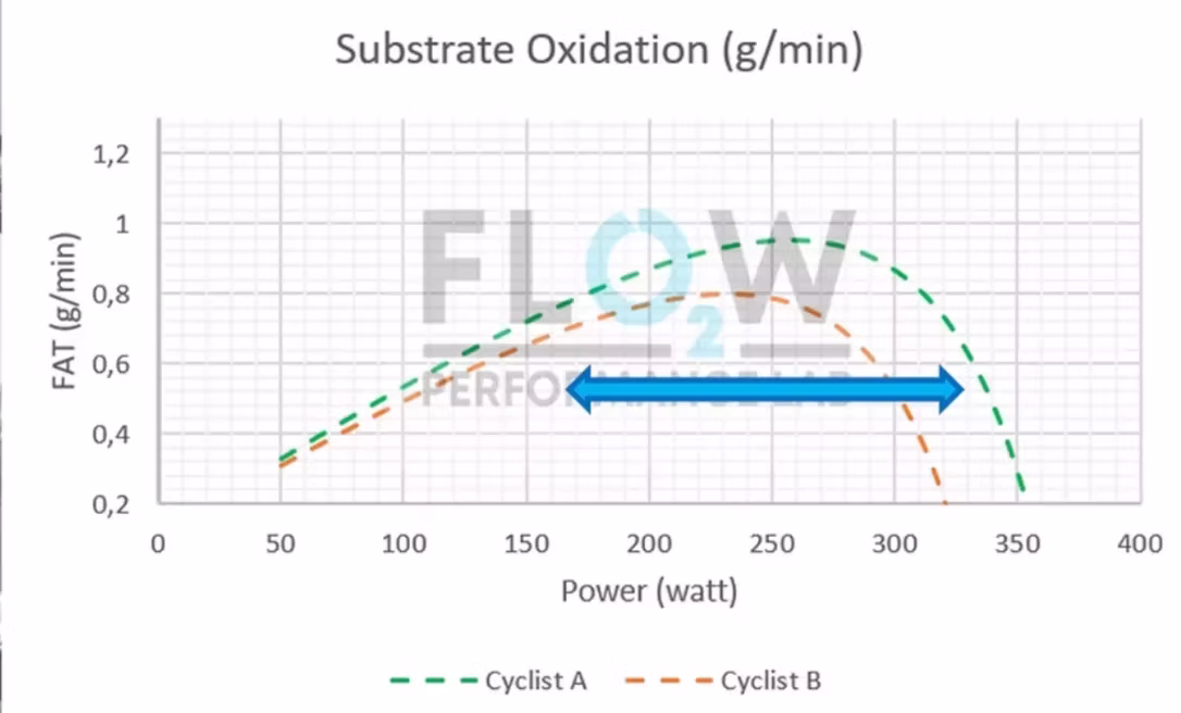 Diverse ampiezze della base della curva di ossidazione dei grassi in due ciclisti con uguale FATmax e MFO.